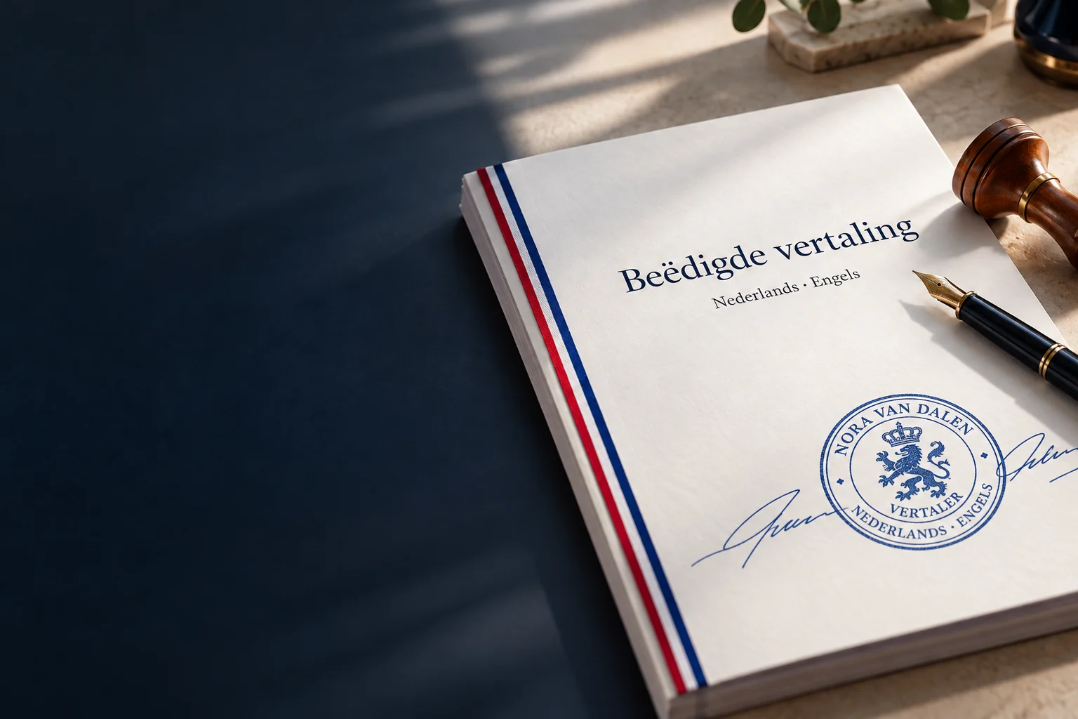 Gebonden vertaling met pen en blauwe vertalersstempel